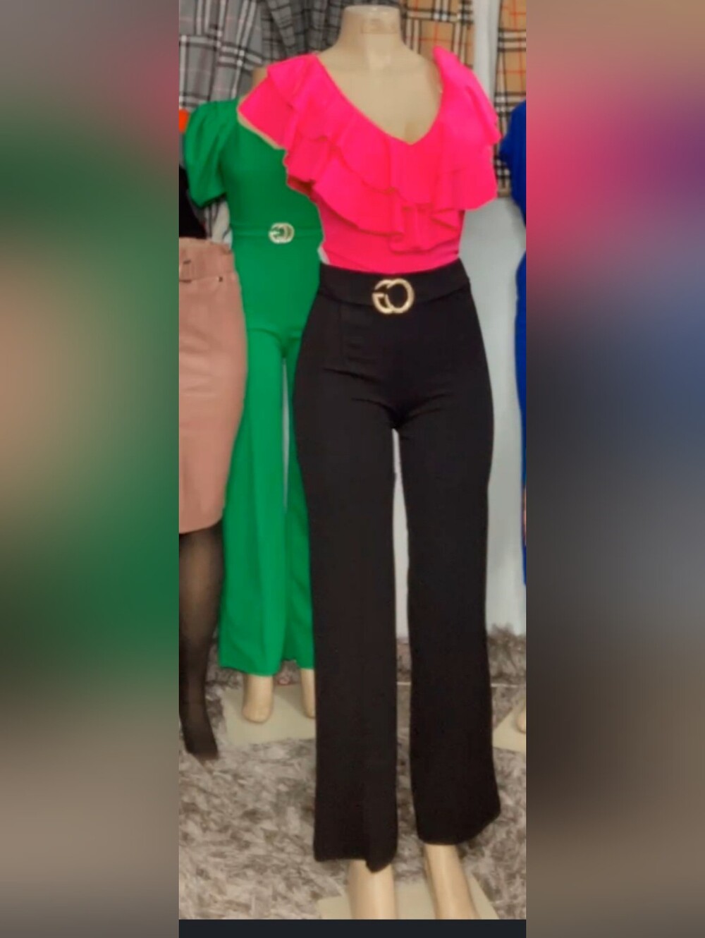 High-Waist Black Wide-Leg Pants with Statement Belt Attached